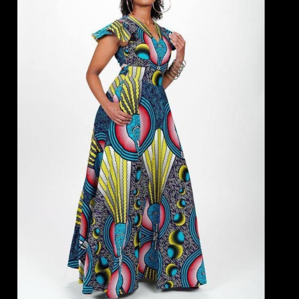 Ray Darten Maxi Dress African Print V-Neck Flutter Sleeve Party Dress L